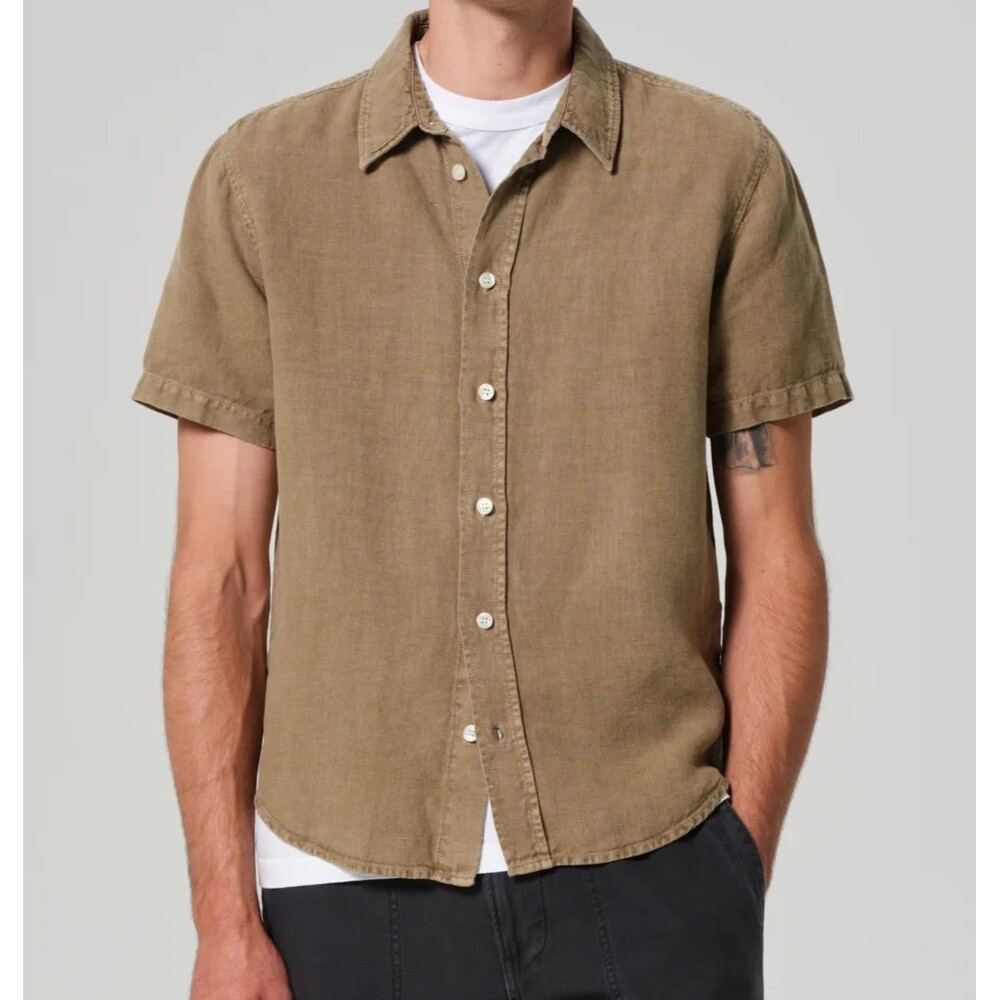 Citizens of Humanity Button Shirt Mens Large Tan Short Sleeve Linen Cairo $228
